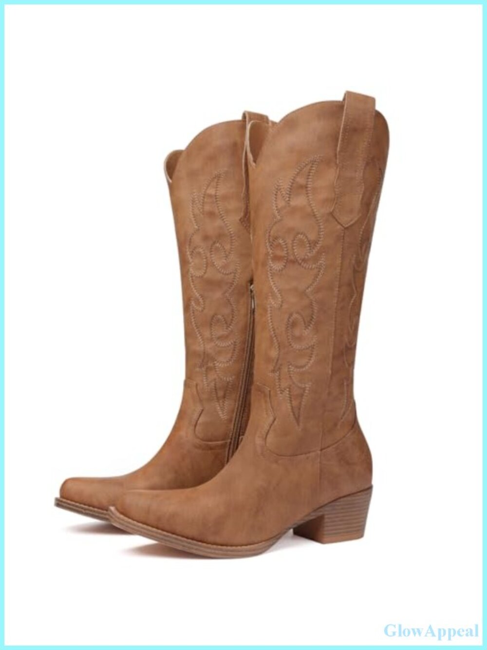 Knee High Western Cowboy Boots Faux Leather Pointed Toe Block Heel Women